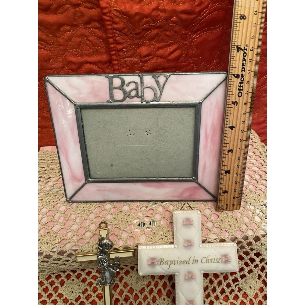 Baby Girl‎ Shower/Baptism Gift Pink Stained Glass Photo Frame & 2 Crosses